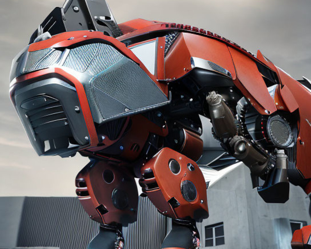 Red and Black Armored Robot on Road Under Cloudy Sky