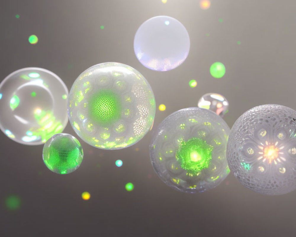 Intricate Green Patterns Inside Transparent Bubbles on Gray Background