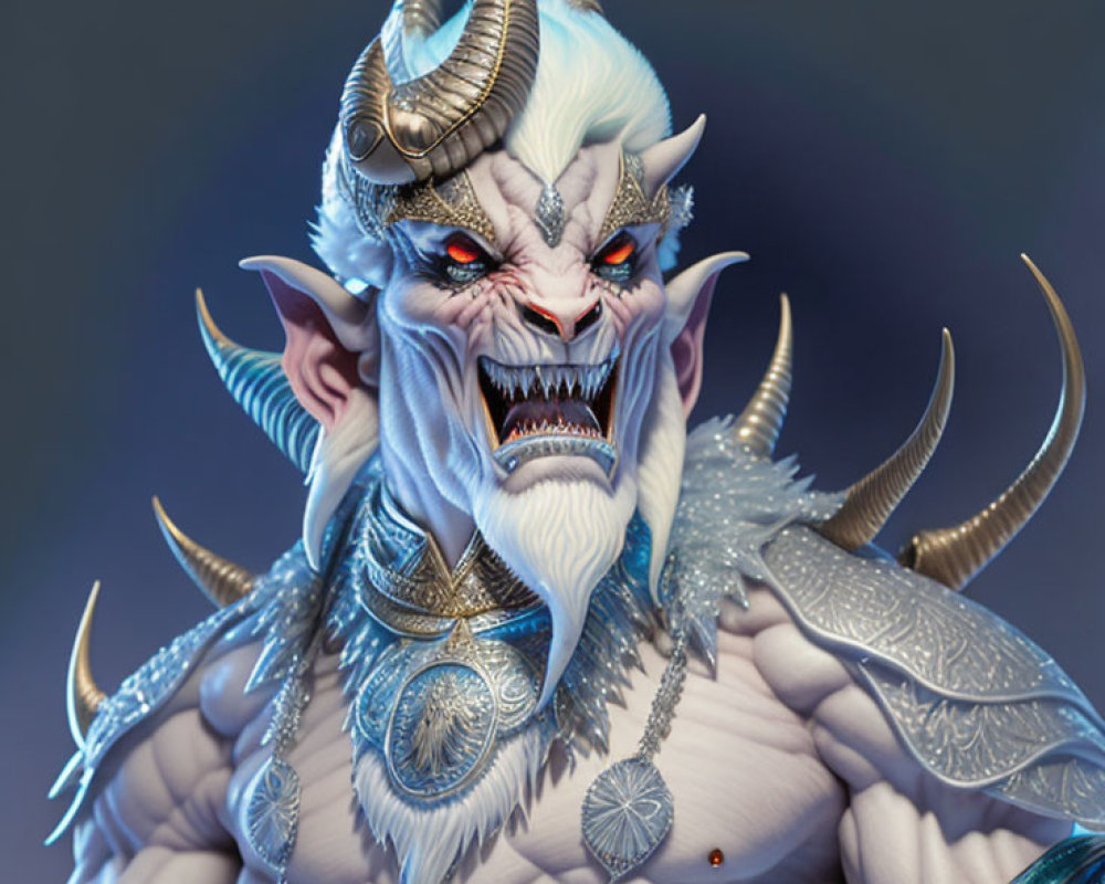 Fantasy creature with horns, sharp teeth, white hair, and ornate armor.