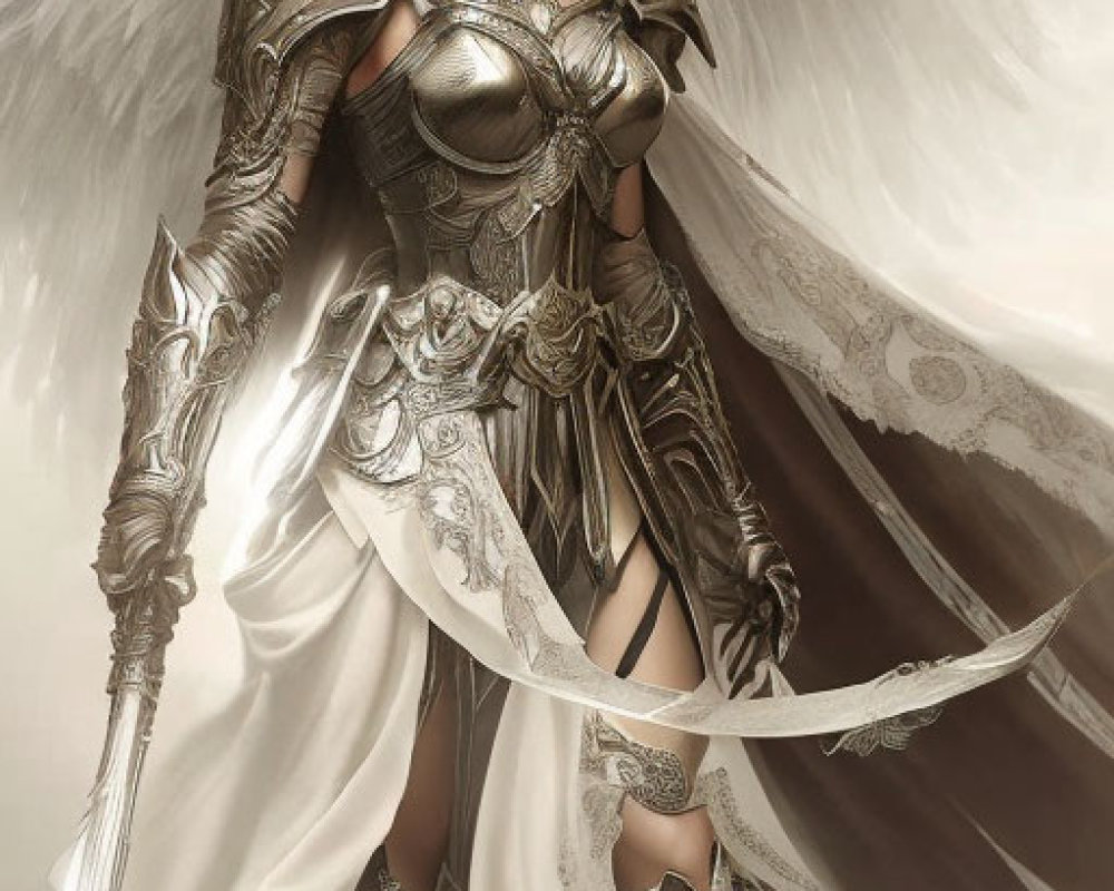 Female warrior in silver armor with wings, holding spear and sword