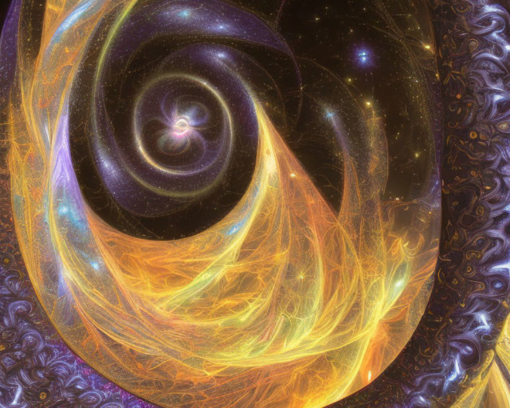 Colorful fractal art: Golden and purple galaxy spiral on starry background