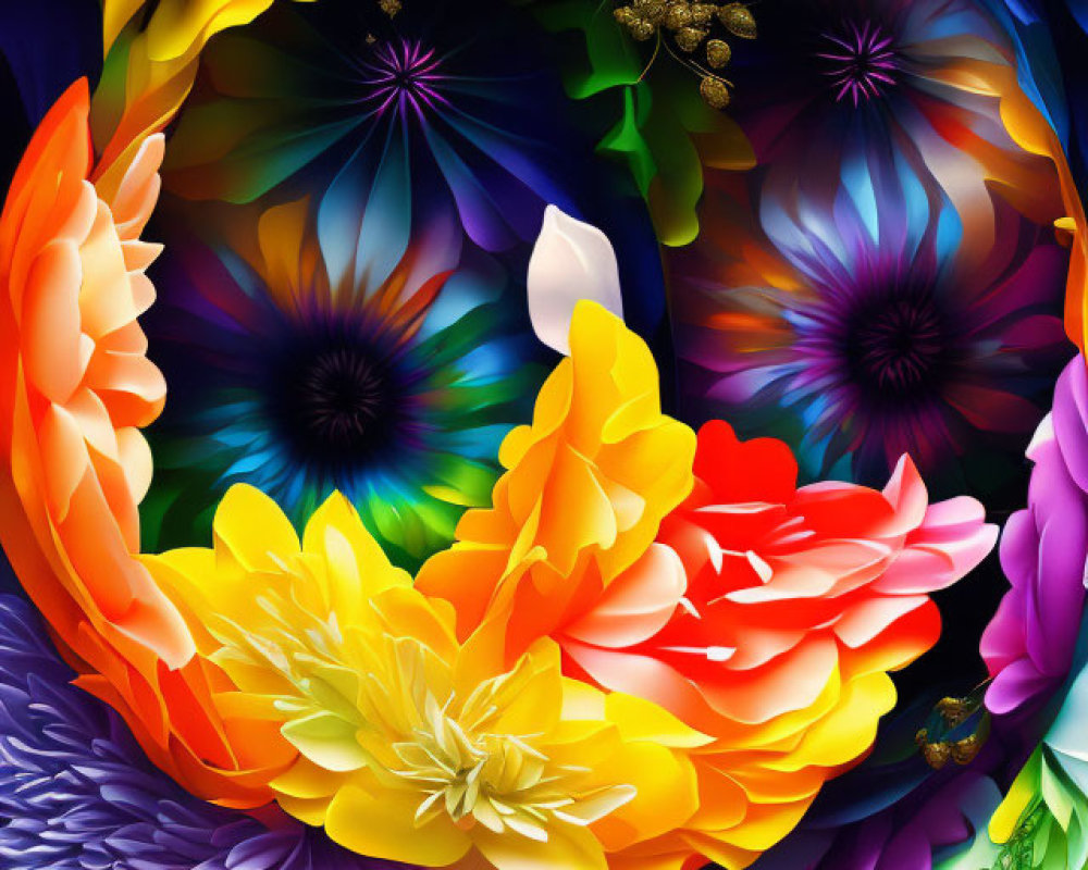 Colorful Stylized Flower Artwork on Dark Radiating Background