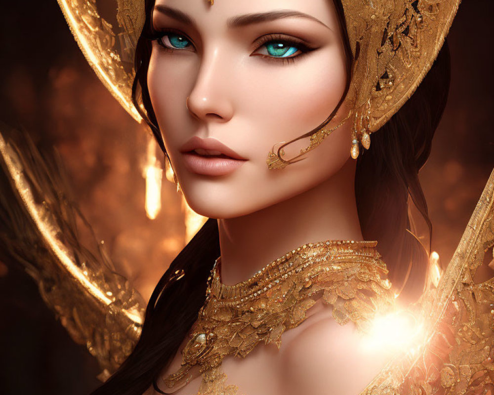 Digital artwork of woman with striking blue eyes and gold jewelry against warm backdrop