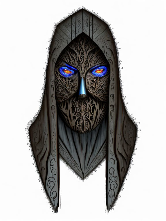 Illustrated figure with tree-like face pattern and blue glowing eyes in hooded cloak