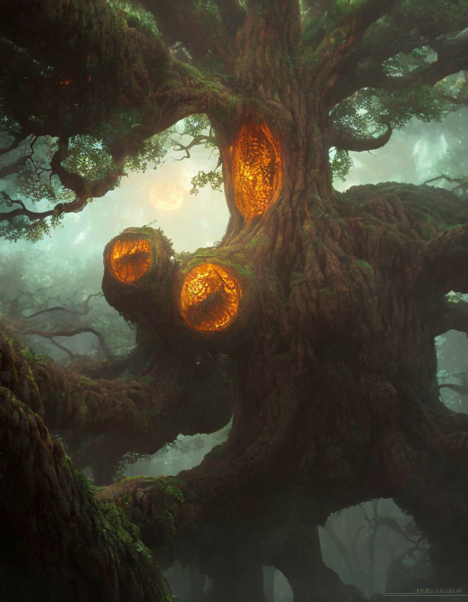 Twisted trunk ancient tree in misty forest with glowing hollows