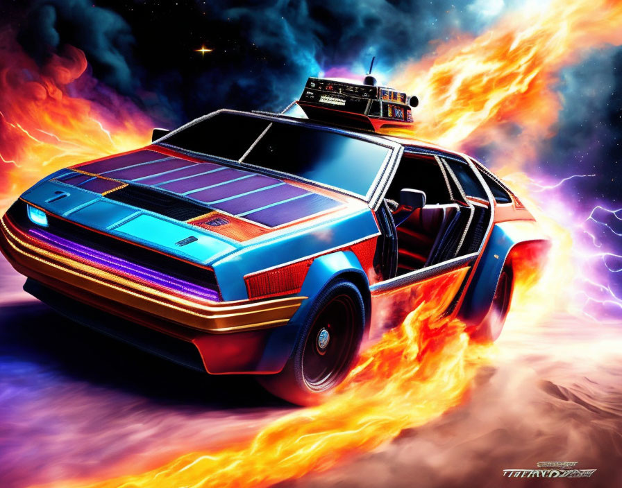 Futuristic car illustration with glowing blue stripe in fiery cosmic setting