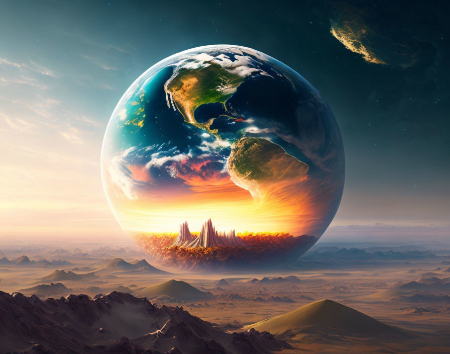 Detailed surreal Earth over barren desert landscape