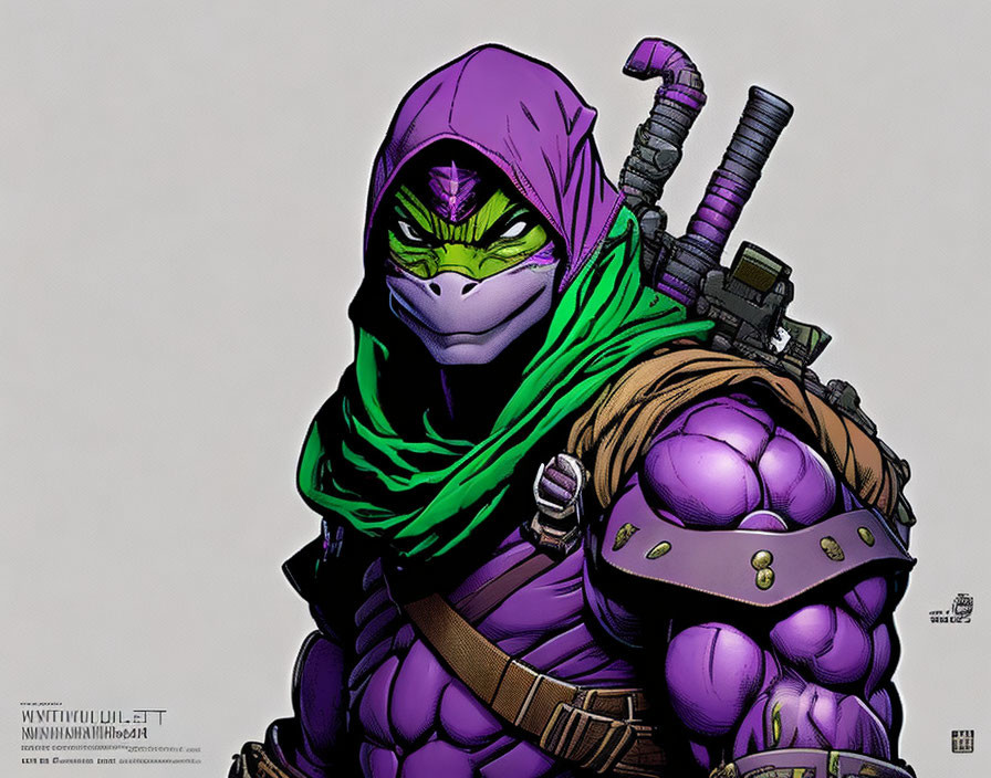 Purple-masked ninja turtle with green bandana and weapon backpack illustration.