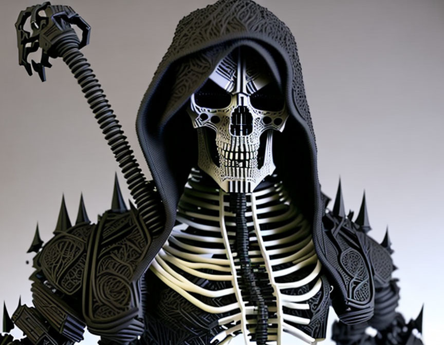 Detailed 3D illustration of skeleton in hooded cloak with scepter