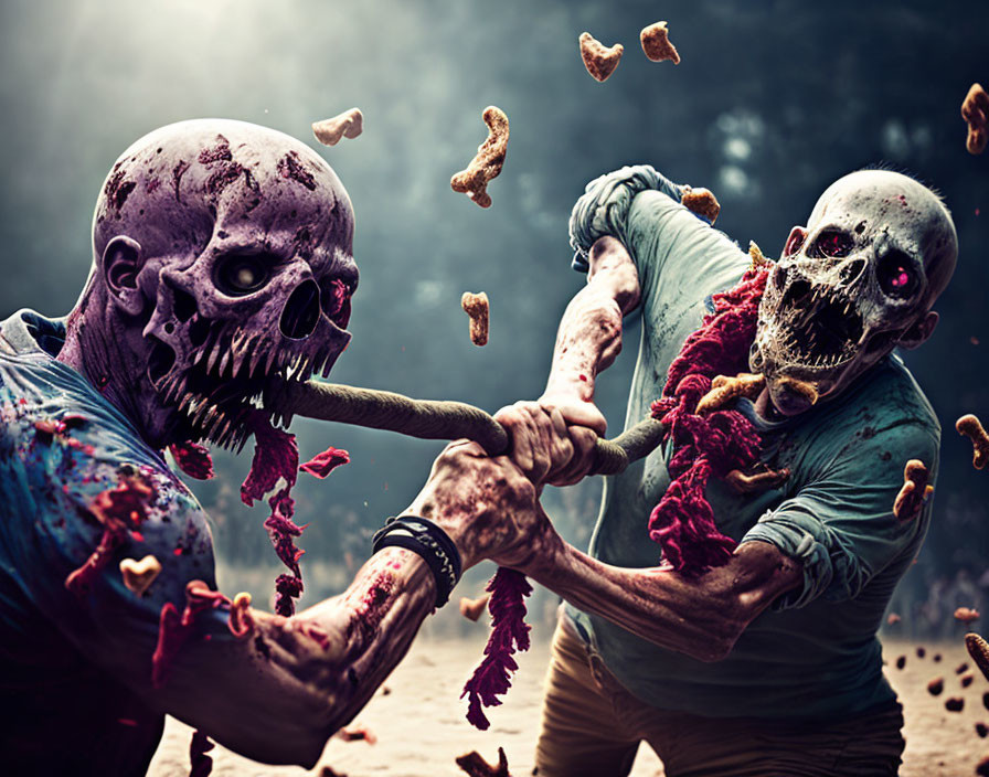 Zombies in tug-of-war battle with entrails in dark setting