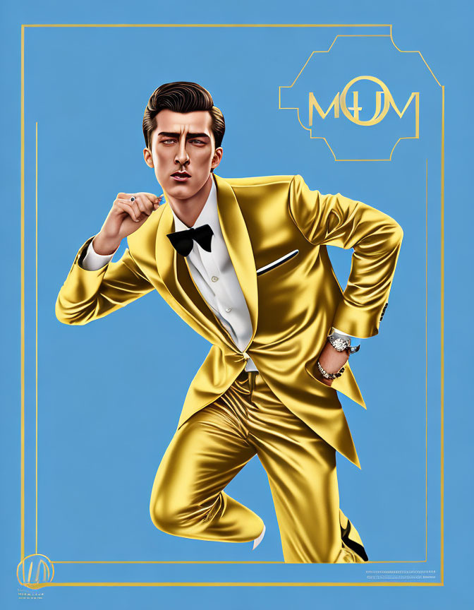 Man in Golden Suit with Bow Tie Poses in Stylish Illustration