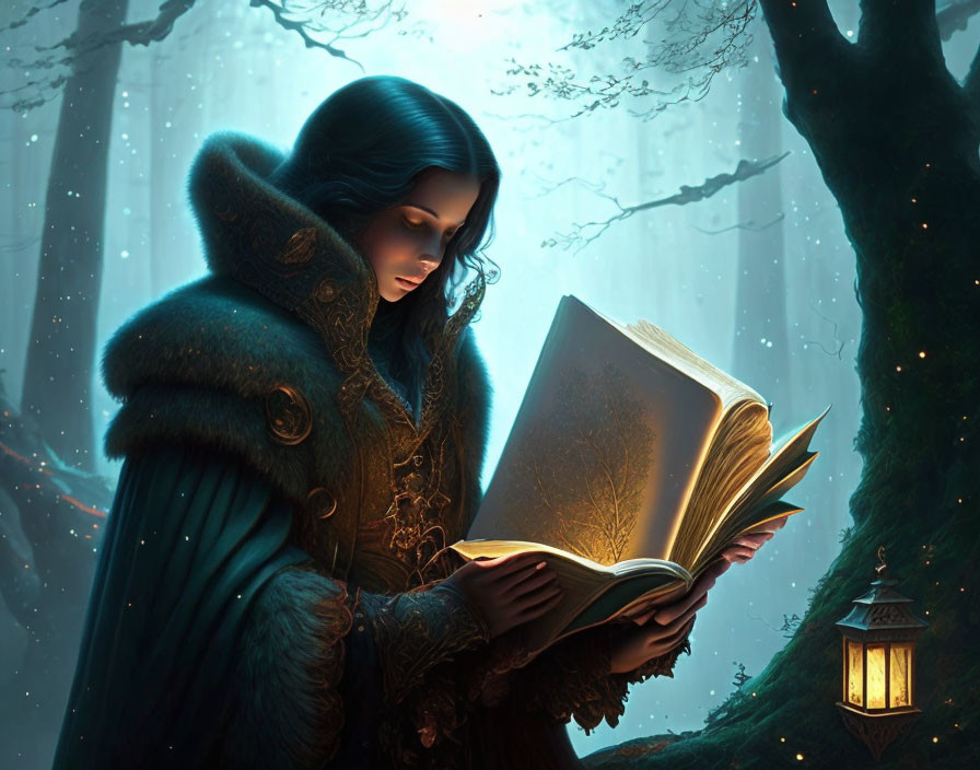 Woman reading illuminated book in blue forest setting with lantern and streaming light