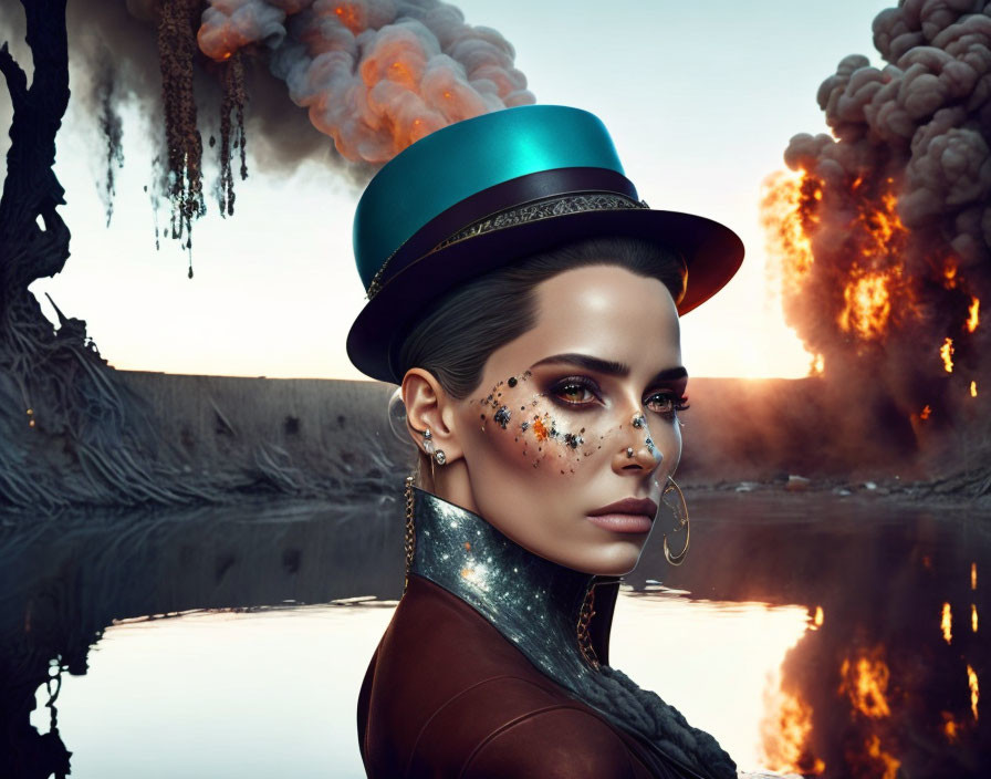 Colorful Top Hat Woman with Artistic Makeup in Fiery Smoky Backdrop