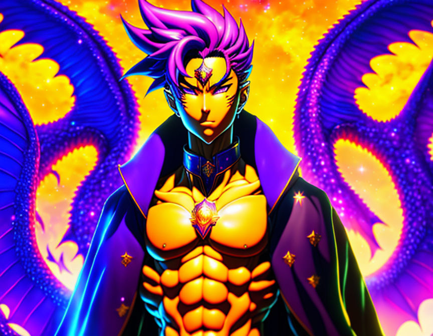 Digital art: Powerful character with purple hair, golden armor, fiery phoenixes.