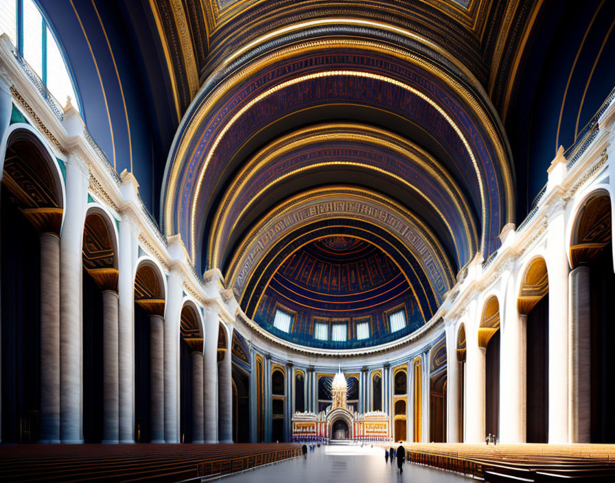 Ornate building interior with arches, vaulted ceiling, and person for scale