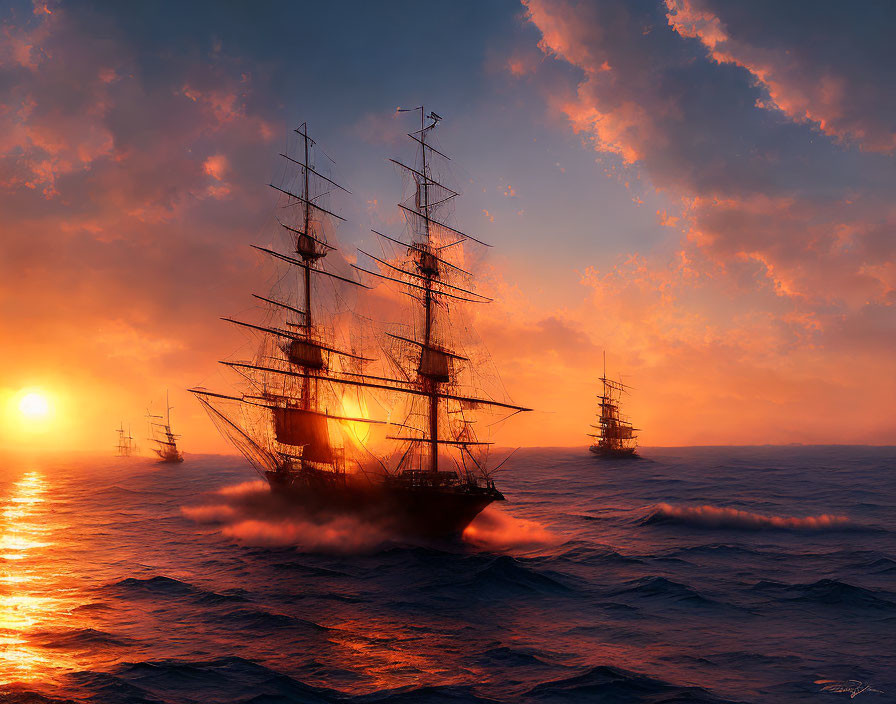 Sailing ships with full sails at sunset on the ocean