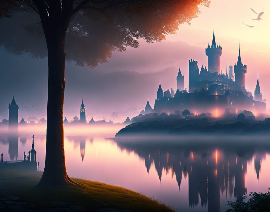 Majestic castle in misty fantasy landscape at dawn