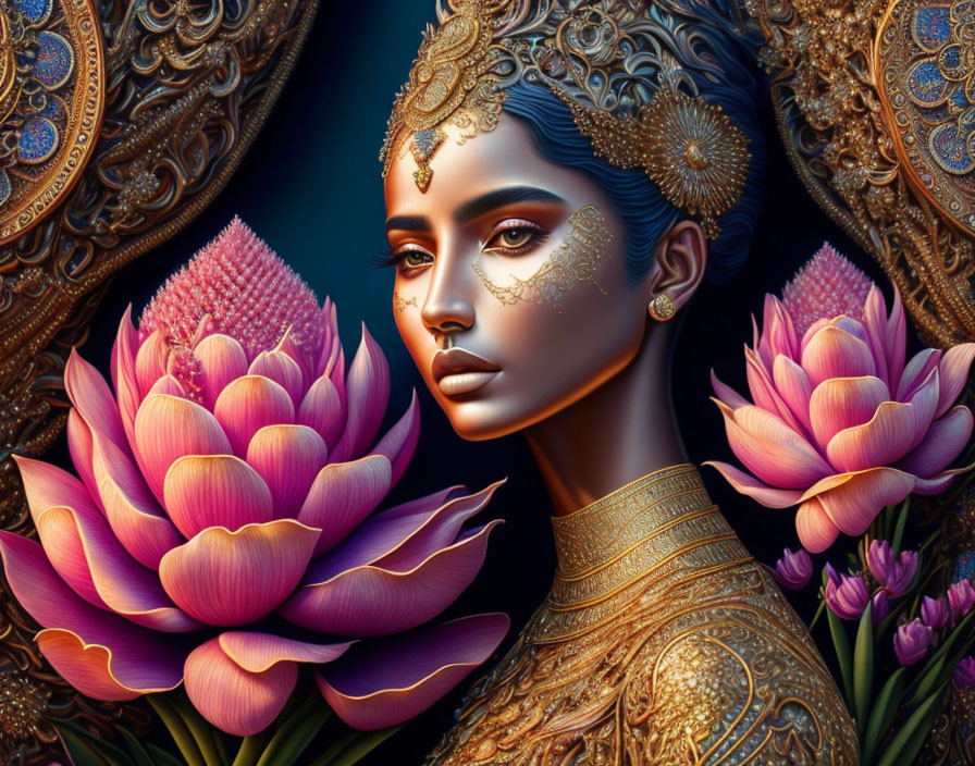 Illustrated woman in golden jewelry and headdress with lotus flowers and intricate patterns