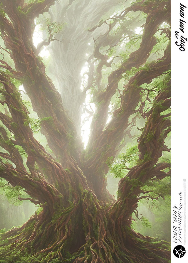 Mystical forest scene with ancient tree and ethereal fog