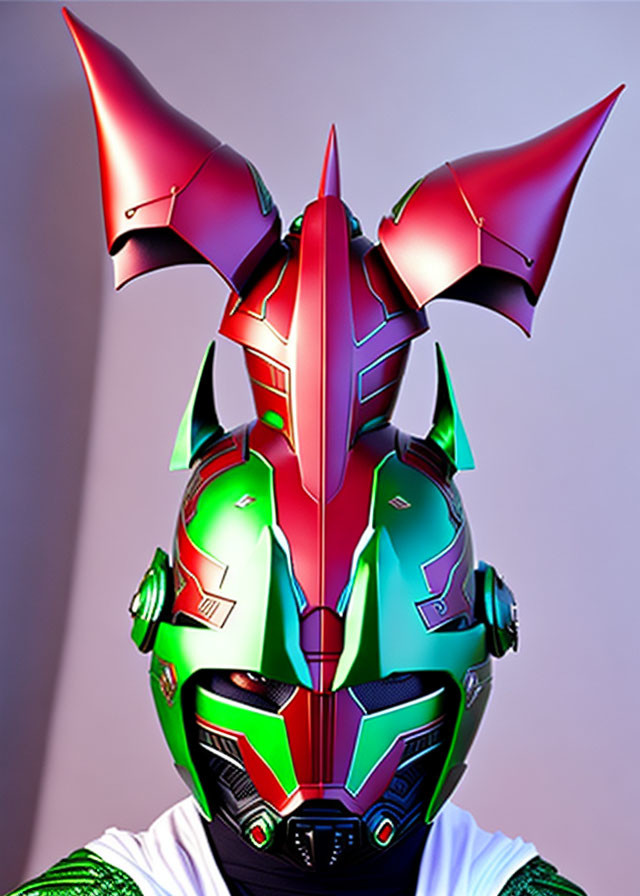 Vibrant futuristic helmet with red and black accents and green visor