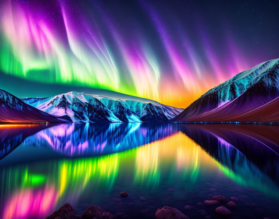 Aurora Borealis over snow-capped mountains and reflective lake