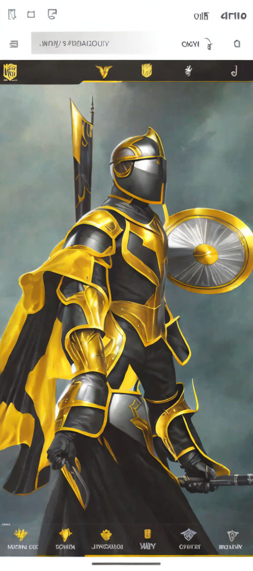 Medieval knight in gold and black armor with shield and sword against cloudy backdrop