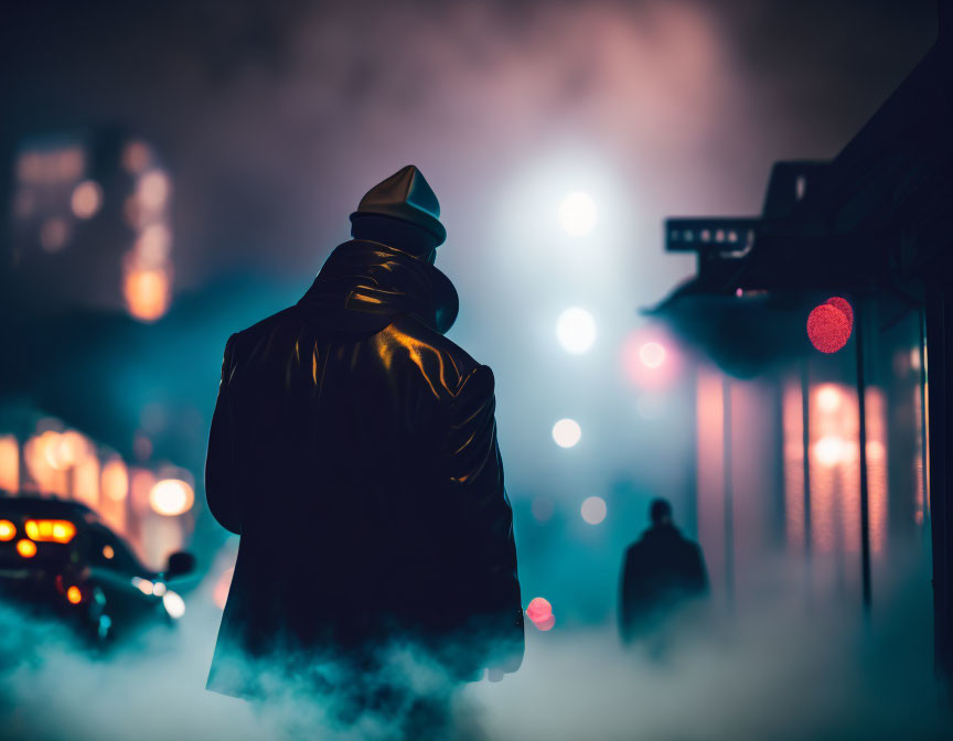 Mysterious figure in leather jacket and hat on foggy city street at night