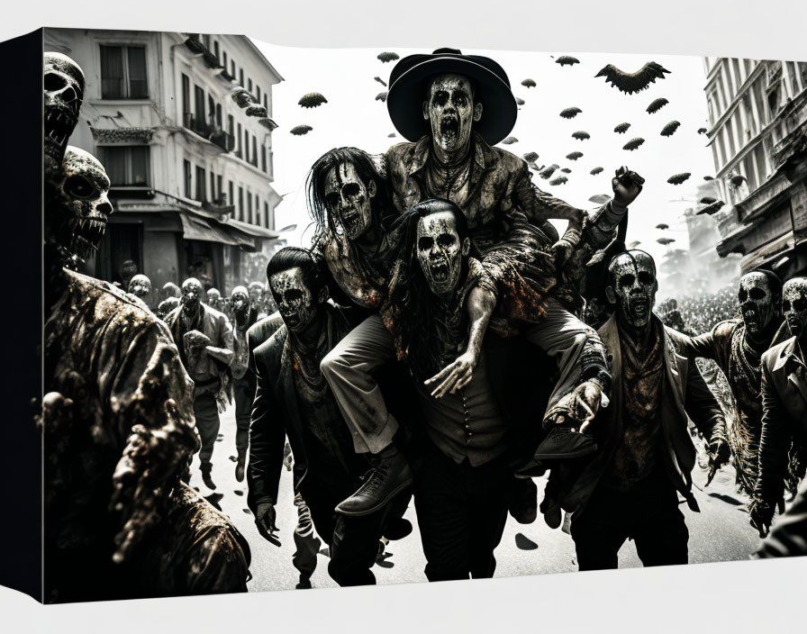 Black and white canvas print of zombie group with standout leader