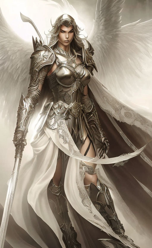 Female warrior in silver armor with wings, holding spear and sword