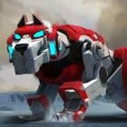 Red and Black Armored Robot on Road Under Cloudy Sky