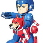 Anthropomorphic fox in blue armor with helmet & gun, accompanied by two dogs in red & white