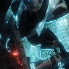 Futuristic knight in glowing armor with high-tech helmet on starry backdrop