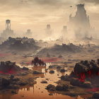 Desolate apocalyptic landscape with red skies and ruins