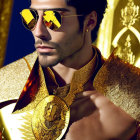 Stylized image of man in golden sunglasses and ornate armor