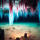 Surreal cave with red luminescent plants under blue glow