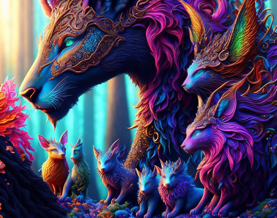 Majestic blue and purple cat creature in mystical forest with enchanting animal companions