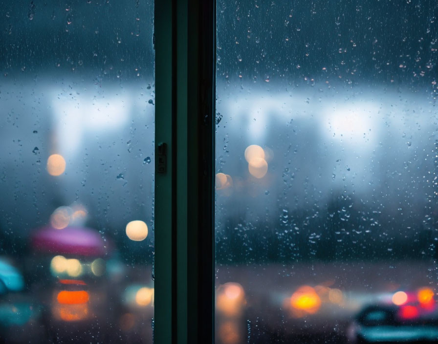 Raindrops on window with blurred city lights at twilight