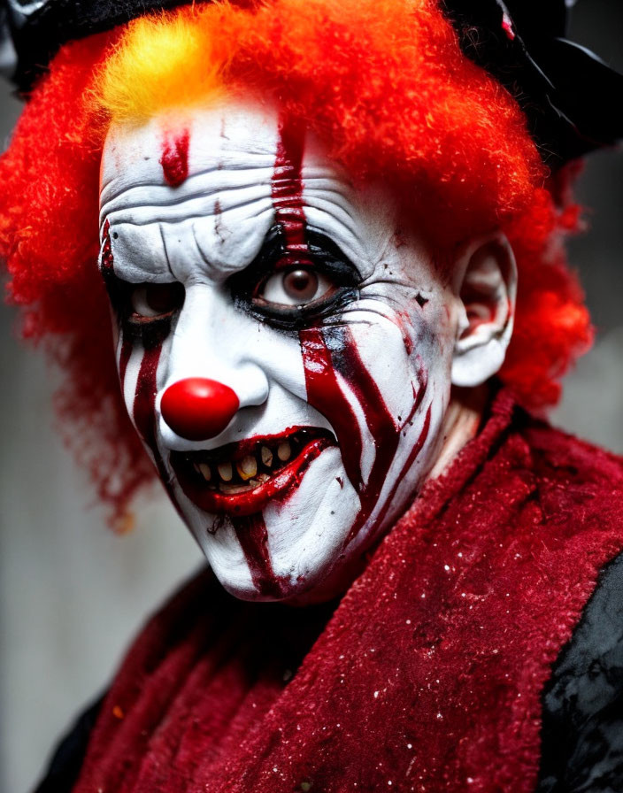 Menacing person in clown makeup with red nose and hair, white face paint