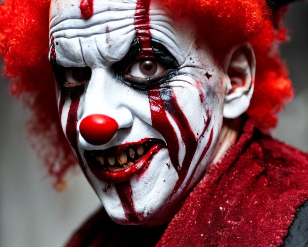 Menacing person in clown makeup with red nose and hair, white face paint