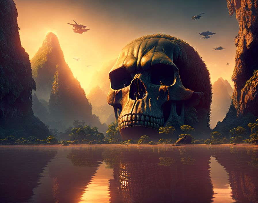 Enormous skull in misty mountain landscape at sunset with aircrafts.