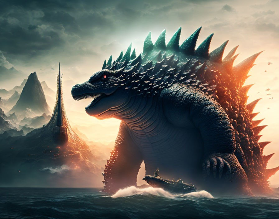 Enormous Godzilla emerges from ocean with dramatic sky and mountains.