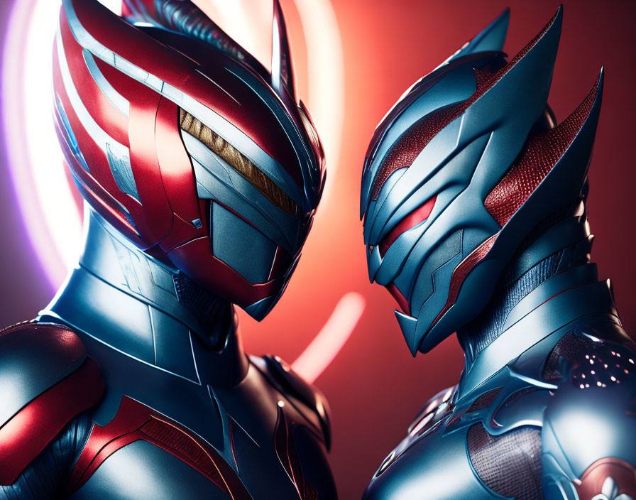 Futuristic helmets in vivid red and blue backdrop