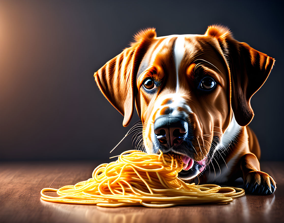 Brown and white dog with soulful eyes and spaghetti noodles on wooden surface