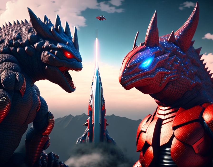 Two dragons in confrontation with futuristic tower and mountain landscape