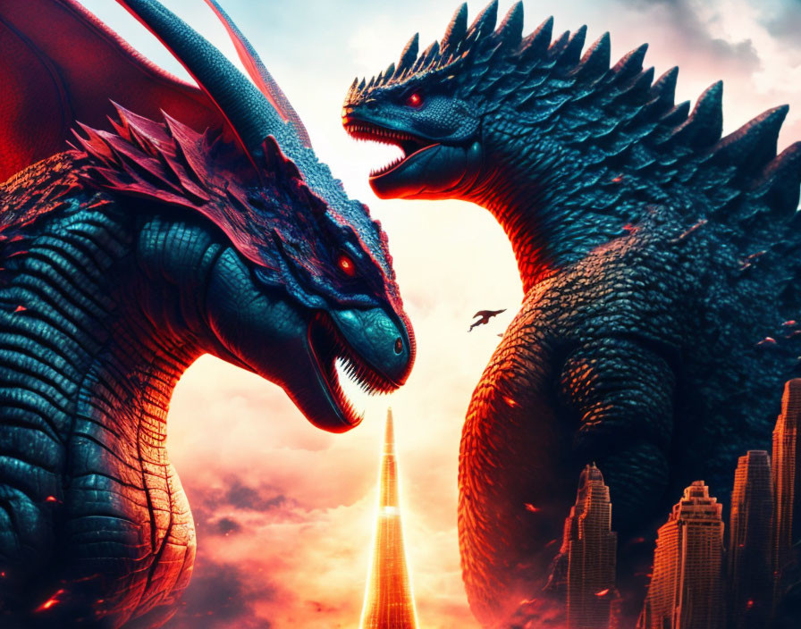 Colossal dragons over cityscape with fiery sky & red accents