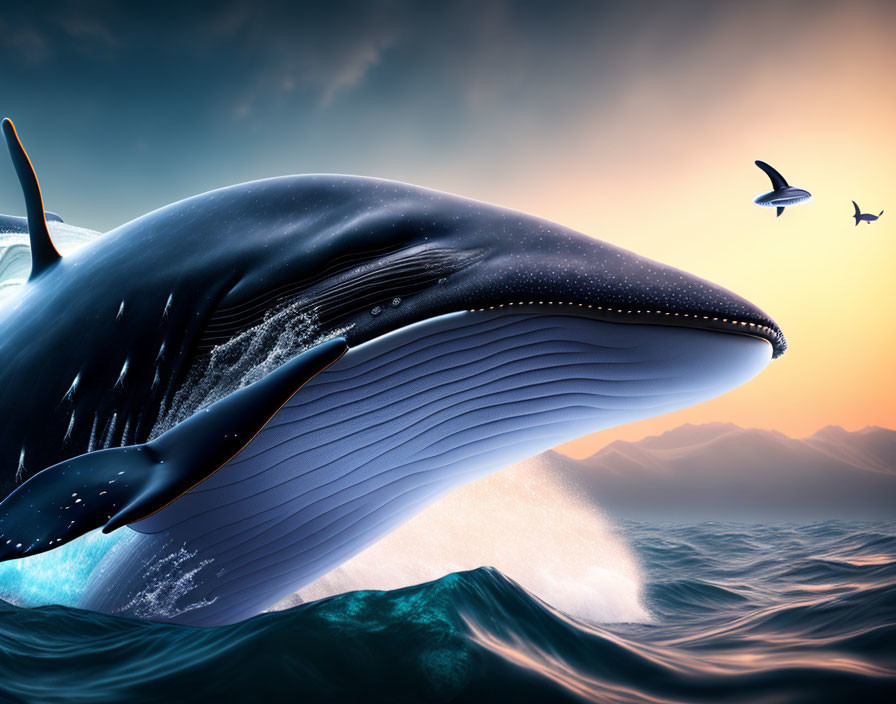 Giant blue whale breaching with mountains and sunset background.