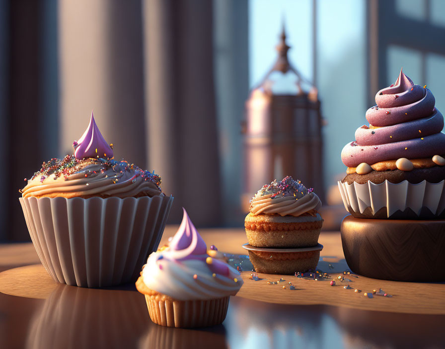 Colorful Cupcakes with Sprinkles on Wooden Surface