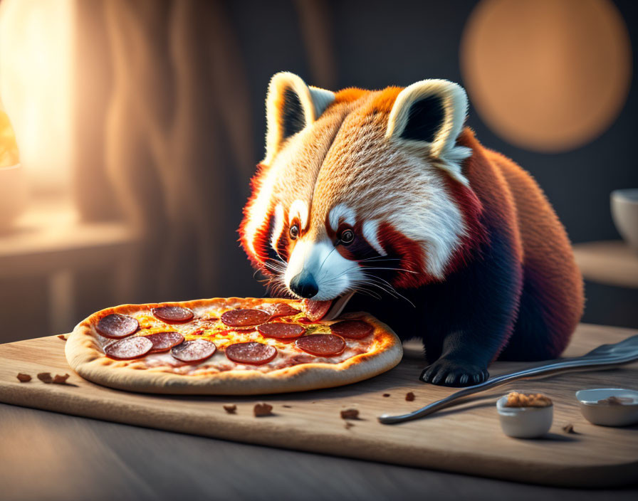 Curious red panda with pepperoni pizza, drink, and nuts in warm lit setting