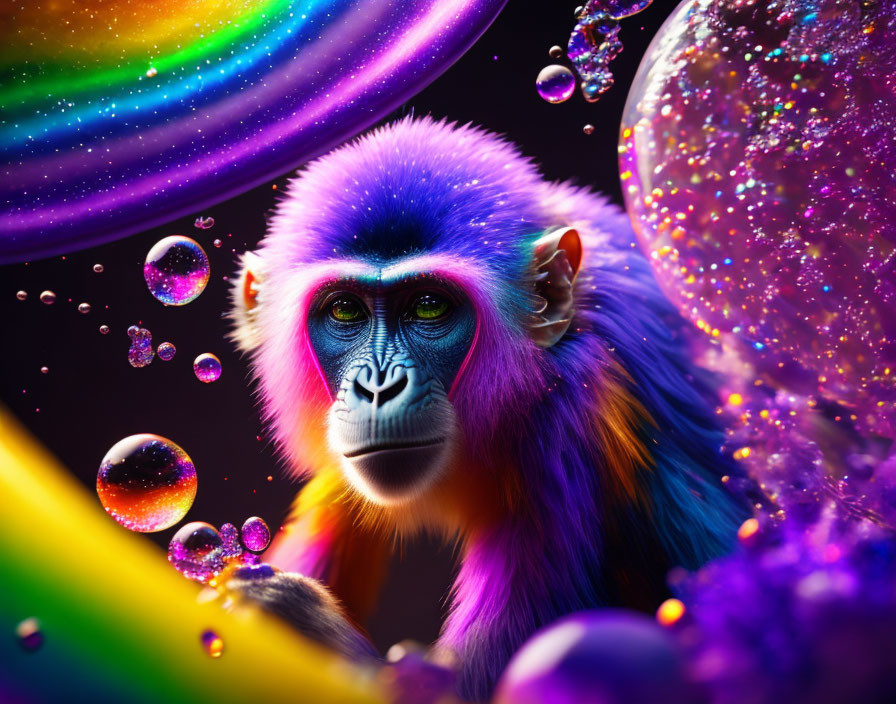 Colorful Monkey Artwork with Cosmic Patterns on Dark Background