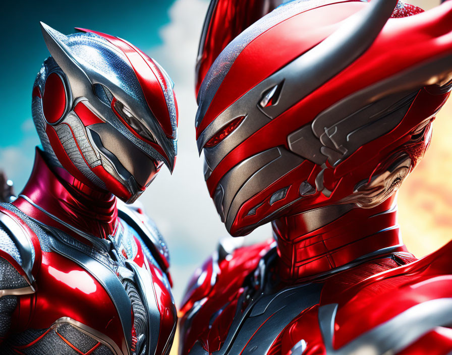 Armored red and silver figures on vibrant blue and orange backdrop.